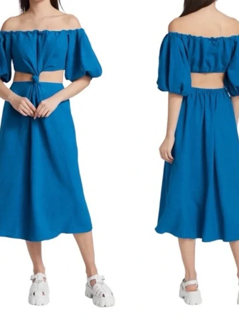 FARM Rio Blue Strapless Midi Dress with Cutout